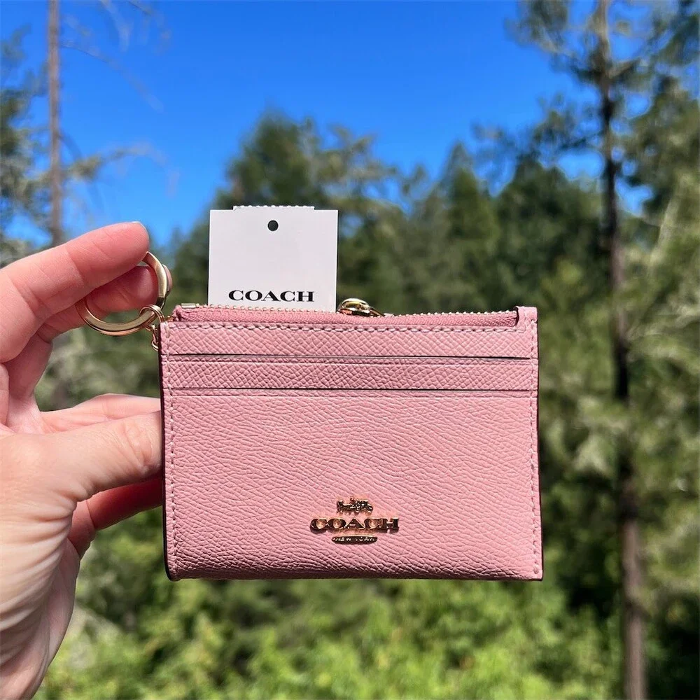 COACH Mini Skinny ID Case Cardholder Keychain Wallet Powder Pink Gold Hardware